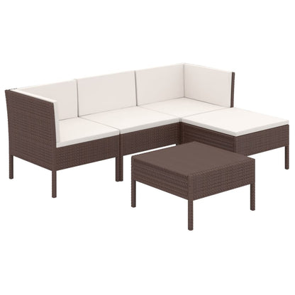 5-Delige Loungeset Met Kussens Poly Rattan Bruin 2x hoek + midden + voetensteun + Tafel