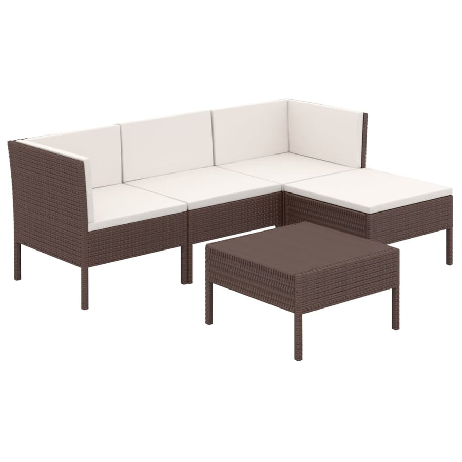 5-Delige Loungeset Met Kussens Poly Rattan Bruin 2x hoek + midden + voetensteun + Tafel