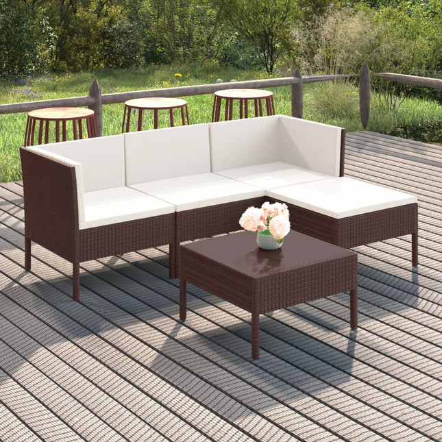 5-Delige Loungeset Met Kussens Poly Rattan Bruin 2x hoek + midden + voetensteun + Tafel