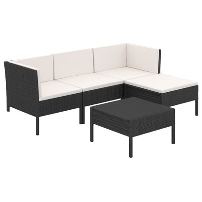 5-Delige Loungeset Met Kussens Poly Rattan Zwart 2x hoek + midden + voetensteun + Tafel