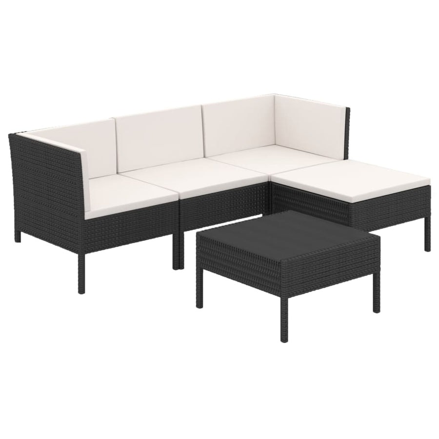 5-Delige Loungeset Met Kussens Poly Rattan Zwart 2x hoek + midden + voetensteun + Tafel