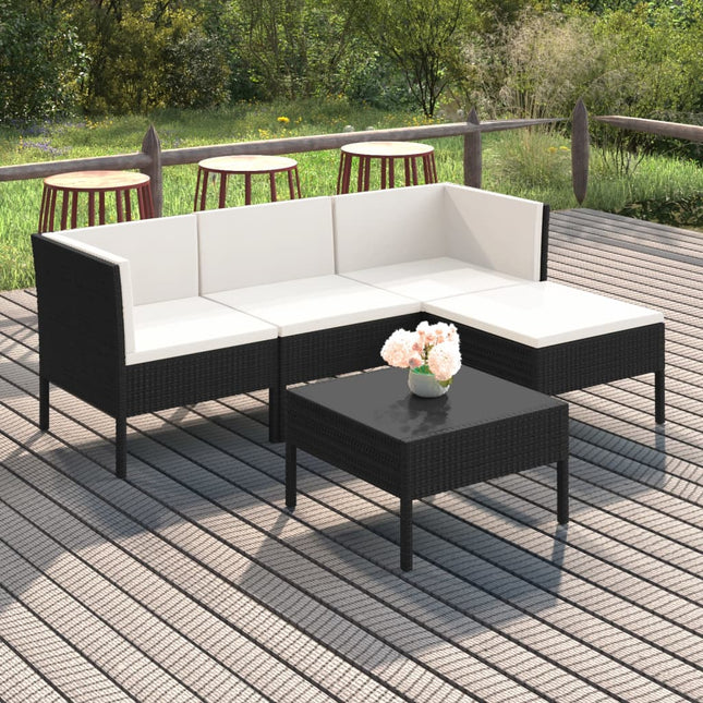 5-Delige Loungeset Met Kussens Poly Rattan Zwart 2x hoek + midden + voetensteun + Tafel