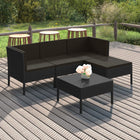 5-Delige Loungeset Met Kussens Poly Rattan Zwart 2x hoek + midden + voetensteun + Tafel