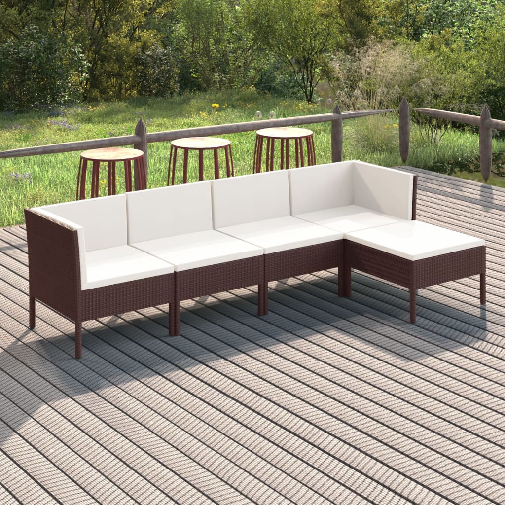 5-Delige Loungeset Met Kussens Poly Rattan Bruin 2x midden + 2x hoek + voetensteun