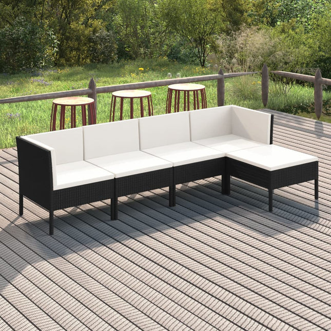 5-Delige Loungeset Met Kussens Poly Rattan Zwart 2x midden + 2x hoek + voetensteun