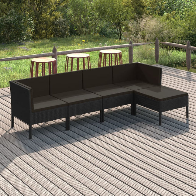 5-Delige Loungeset Met Kussens Poly Rattan Zwart 2x midden + 2x hoek + voetensteun