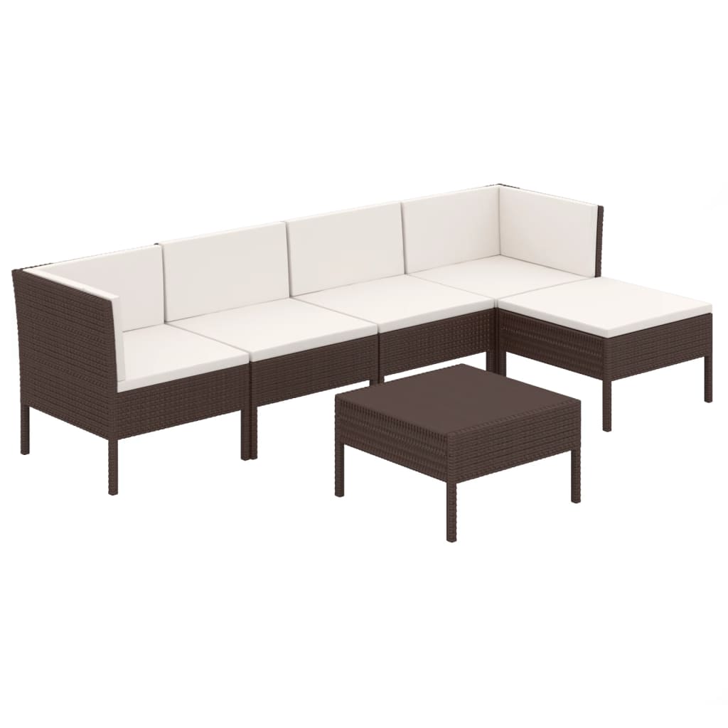 6-Delige Loungeset Met Kussens Poly Rattan Bruin 2x hoek + 2x midden + voetensteun + Tafel