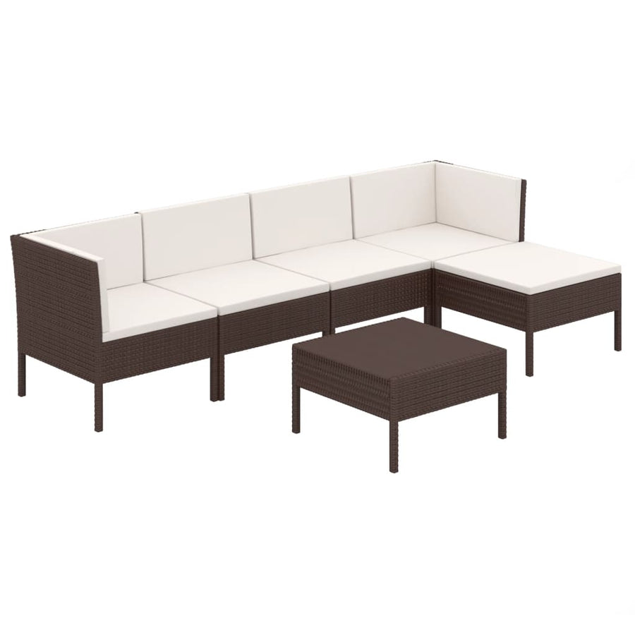 6-Delige Loungeset Met Kussens Poly Rattan Bruin 2x hoek + 2x midden + voetensteun + Tafel