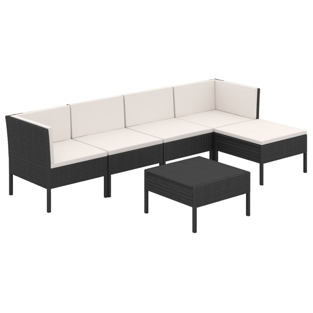 6-Delige Loungeset Met Kussens Poly Rattan Zwart 2x hoek + 2x midden + voetensteun + Tafel
