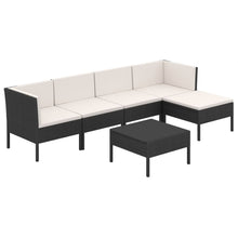 6-Delige Loungeset Met Kussens Poly Rattan Zwart 2x hoek + 2x midden + voetensteun + Tafel