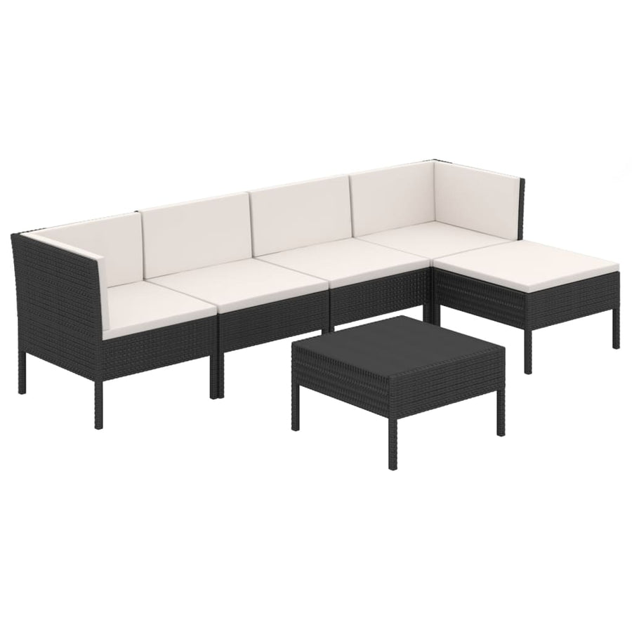 6-Delige Loungeset Met Kussens Poly Rattan Zwart 2x hoek + 2x midden + voetensteun + Tafel