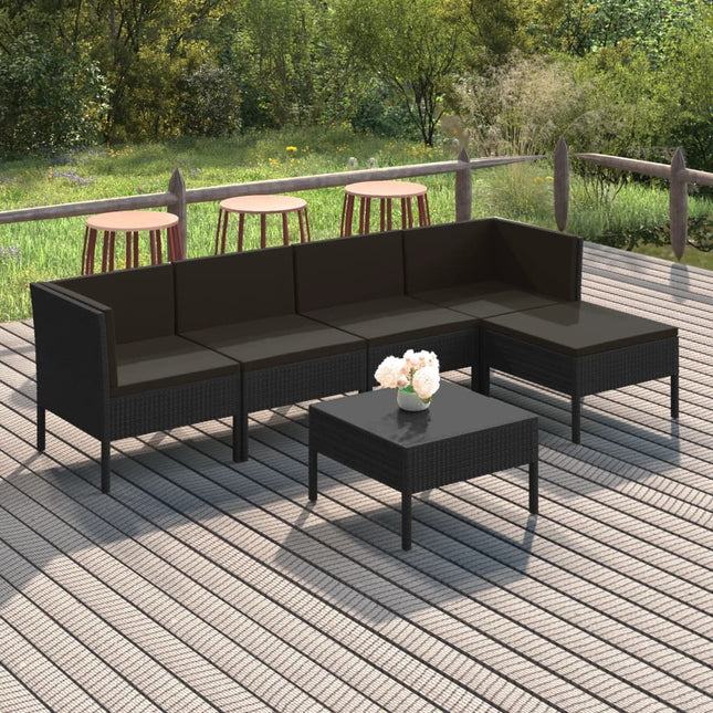 6-Delige Loungeset Met Kussens Poly Rattan Zwart 2x hoek + 2x midden + voetensteun + Tafel