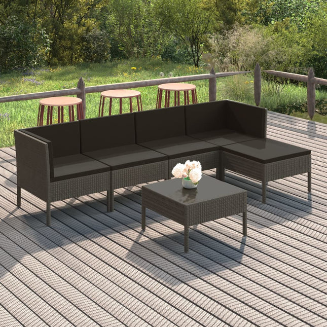 6-Delige Loungeset Met Kussens Poly Rattan Grijs 2x hoek + 2x midden + voetensteun + Tafel