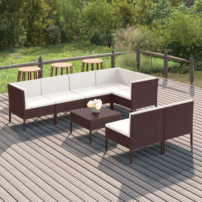 8-Delige Loungeset Met Kussens Poly Rattan Bruin 4x midden + 3x hoek + Tafel