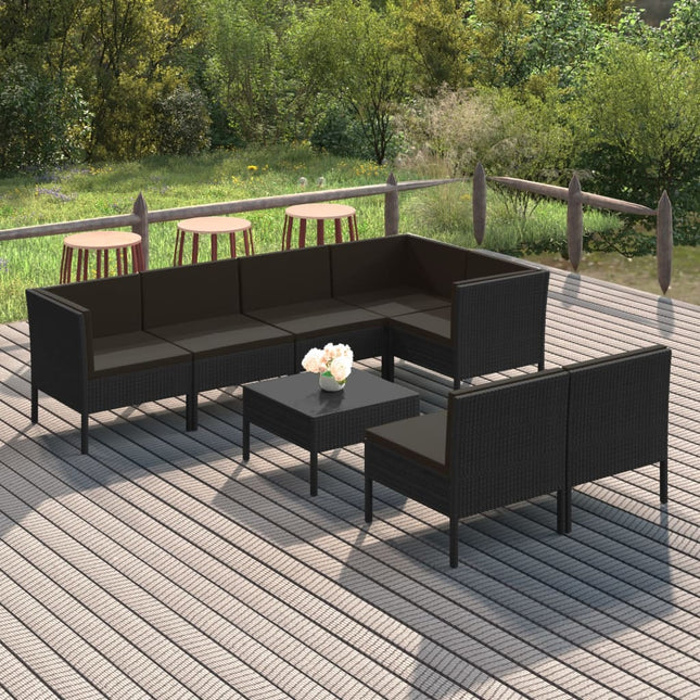 8-Delige Loungeset Met Kussens Poly Rattan Zwart 4x midden + 3x hoek + Tafel