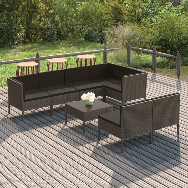 8-Delige Loungeset Met Kussens Poly Rattan Grijs 4x midden + 3x hoek + Tafel