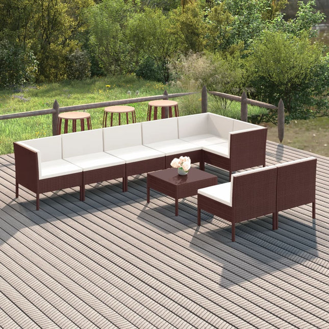 9-Delige Loungeset Met Kussens Poly Rattan Bruin 5x midden + 3x hoek + Tafel