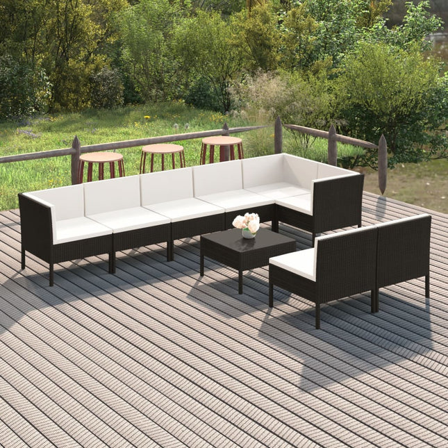 9-Delige Loungeset Met Kussens Poly Rattan Zwart 5x midden + 3x hoek + Tafel