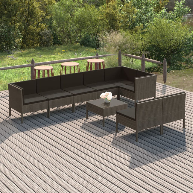 9-Delige Loungeset Met Kussens Poly Rattan Grijs 5x midden + 3x hoek + Tafel