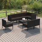 9-Delige Loungeset Met Kussens Poly Rattan Zwart 5x midden + 3x hoek + Tafel