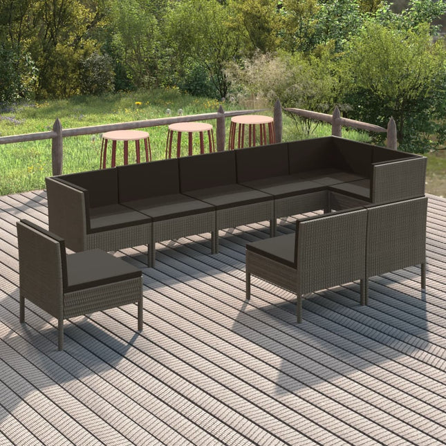 9-Delige Loungeset Met Kussens Poly Rattan Grijs 3x hoek + 6x midden