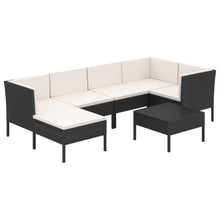 7-Delige Loungeset Met Kussens Poly Rattan Zwart 3x hoek + 2x midden + 2x voetensteun