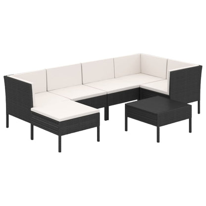 7-Delige Loungeset Met Kussens Poly Rattan Zwart 3x hoek + 2x midden + 2x voetensteun