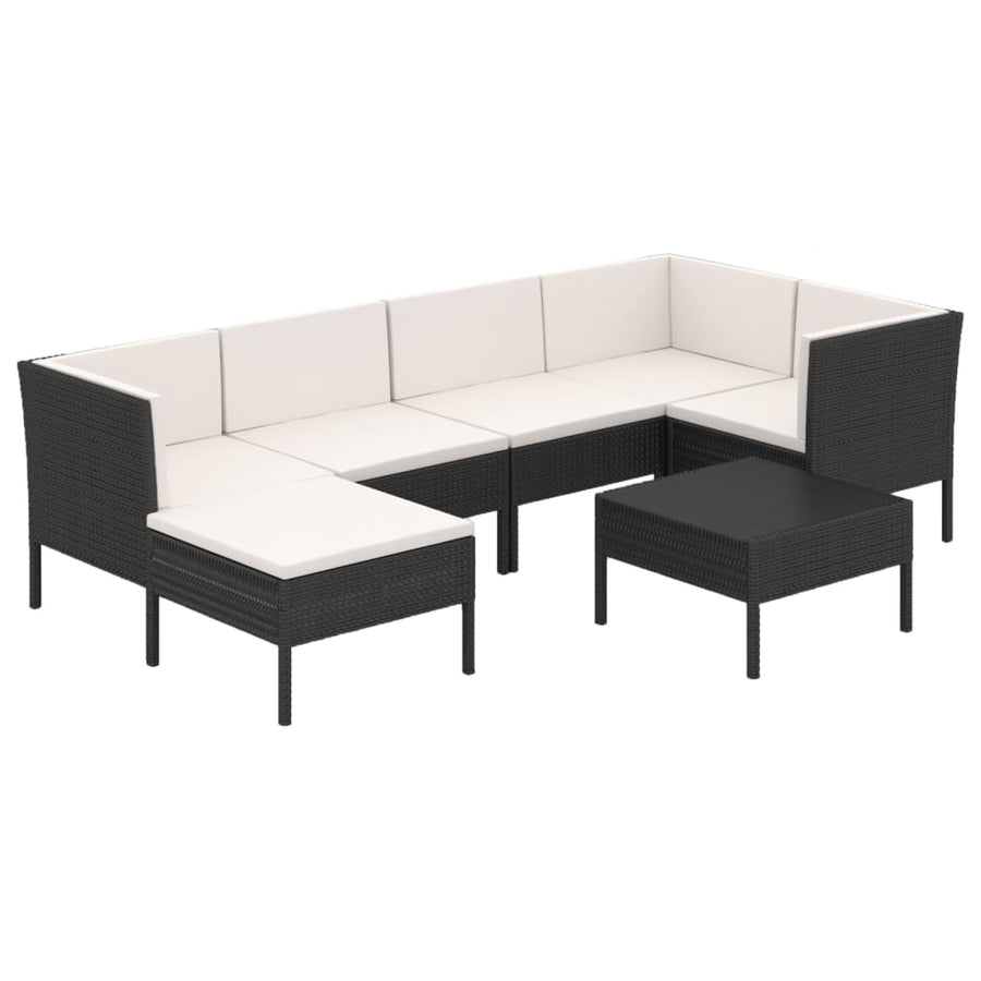 7-Delige Loungeset Met Kussens Poly Rattan Zwart 3x hoek + 2x midden + 2x voetensteun