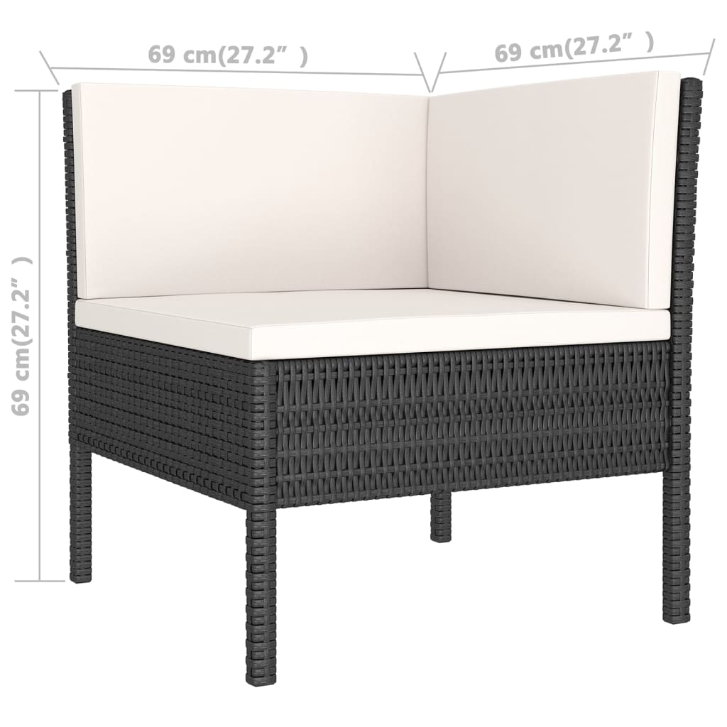 7-Delige Loungeset Met Kussens Poly Rattan Zwart 3x hoek + 2x midden + 2x voetensteun