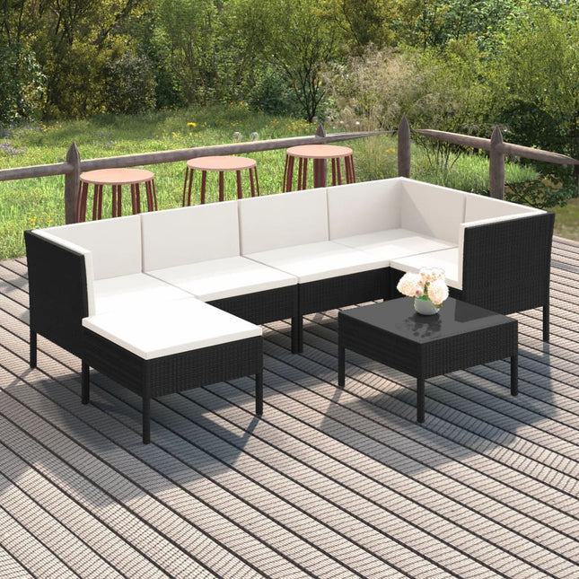 7-Delige Loungeset Met Kussens Poly Rattan Zwart 3x hoek + 2x midden + 2x voetensteun