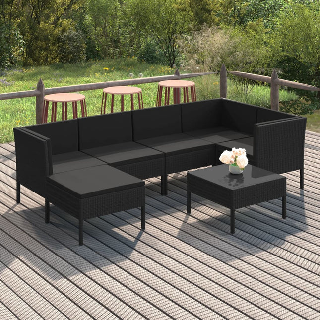 7-Delige Loungeset Met Kussens Poly Rattan Zwart 3x hoek + 2x midden + 2x voetensteun