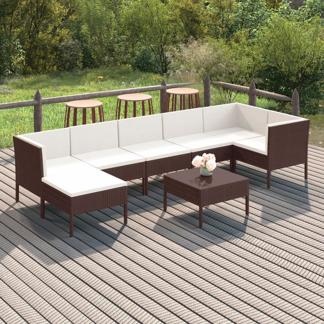 8-Delige Loungeset Met Kussens Poly Rattan Bruin 3x hoek + 3x midden + voetensteun + Tafel