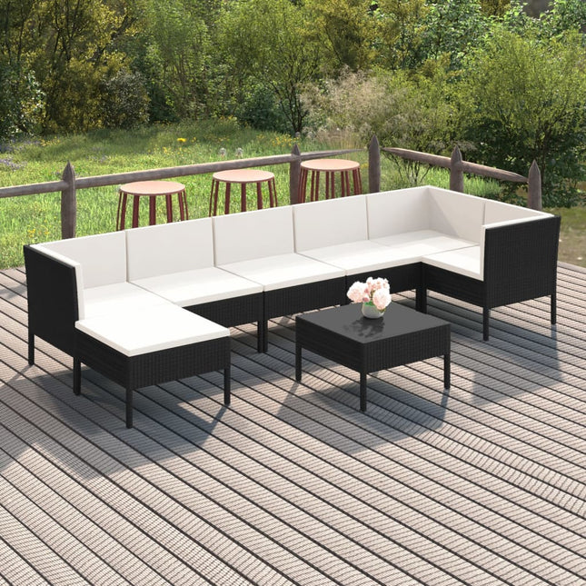 8-Delige Loungeset Met Kussens Poly Rattan Zwart 3x hoek + 3x midden + voetensteun + Tafel