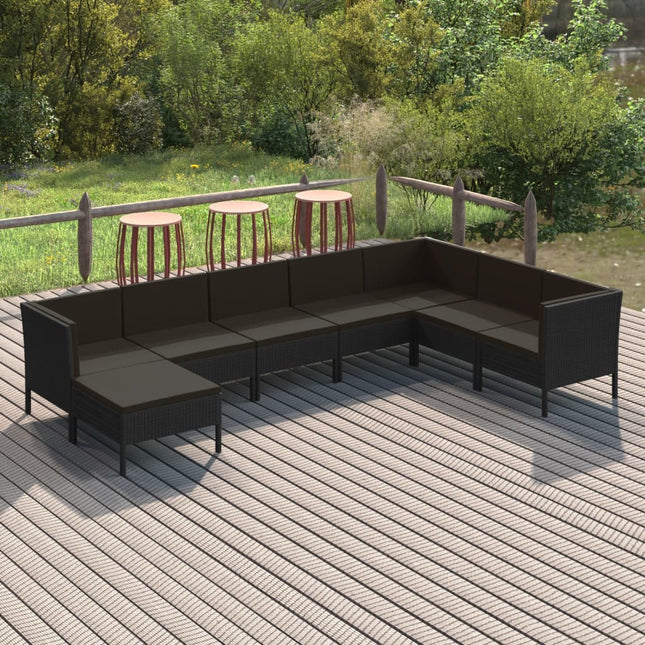 8-Delige Loungeset Met Kussens Poly Rattan Zwart 3x hoek + 4x midden + voetensteun