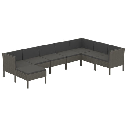 8-Delige Loungeset Met Kussens Poly Rattan Grijs 3x hoek + 4x midden + voetensteun