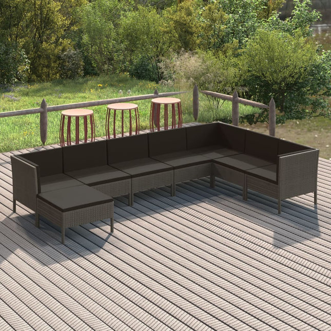 8-Delige Loungeset Met Kussens Poly Rattan Grijs 3x hoek + 4x midden + voetensteun