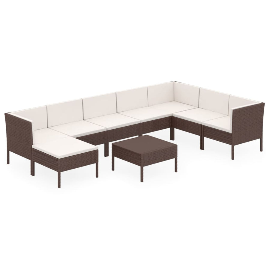9-Delige Loungeset Met Kussens Poly Rattan Bruin 3x hoek + 4x midden + voetensteun + Tafel