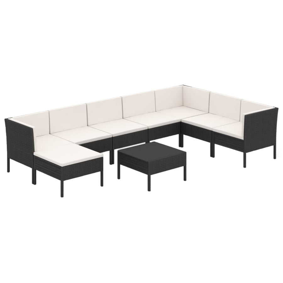 9-Delige Loungeset Met Kussens Poly Rattan Zwart 3x hoek + 4x midden + voetensteun + Tafel