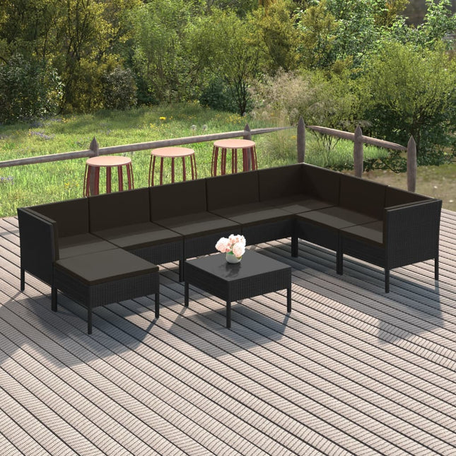 9-Delige Loungeset Met Kussens Poly Rattan Zwart 3x hoek + 4x midden + voetensteun + Tafel