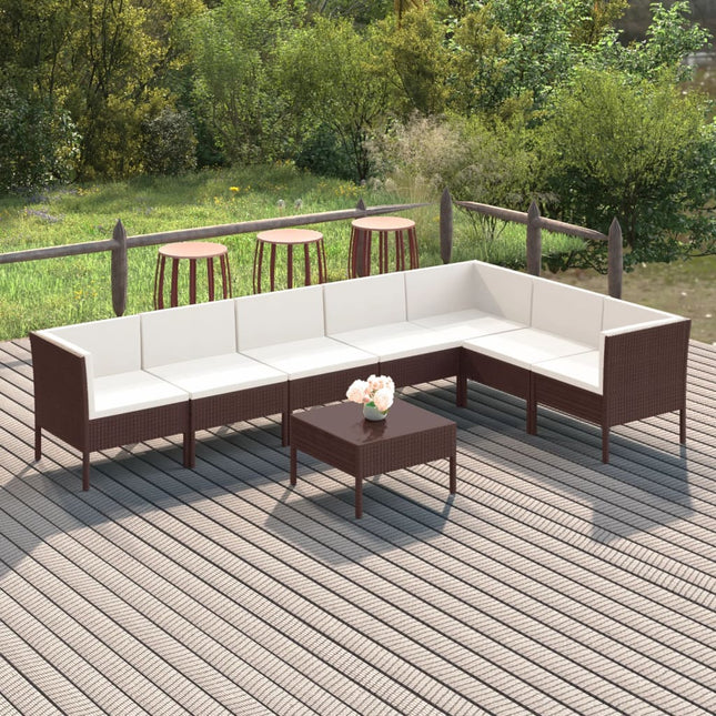 8-Delige Loungeset Met Kussens Poly Rattan Bruin 3x hoek + 4x midden + Tafel