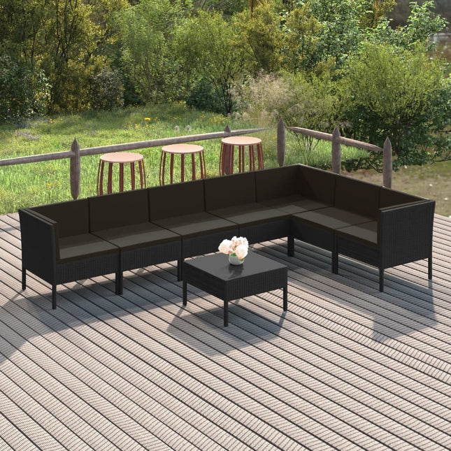 8-Delige Loungeset Met Kussens Poly Rattan Zwart 3x hoek + 4x midden + Tafel