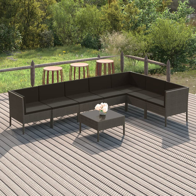 8-Delige Loungeset Met Kussens Poly Rattan Grijs 3x hoek + 4x midden + Tafel