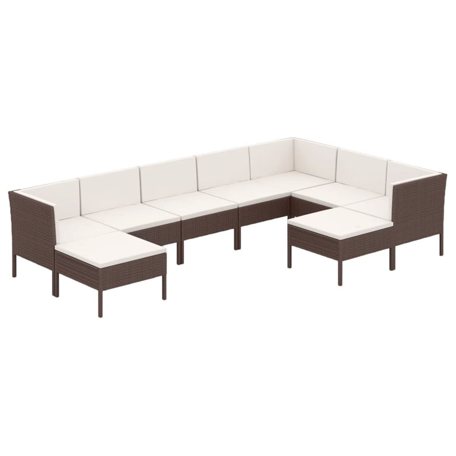 9-Delige Loungeset Met Kussens Poly Rattan Bruin 3x hoek + 4x midden + 2x voetensteun