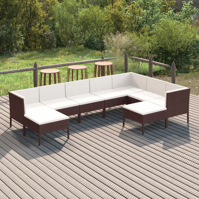 9-Delige Loungeset Met Kussens Poly Rattan Bruin 3x hoek + 4x midden + 2x voetensteun