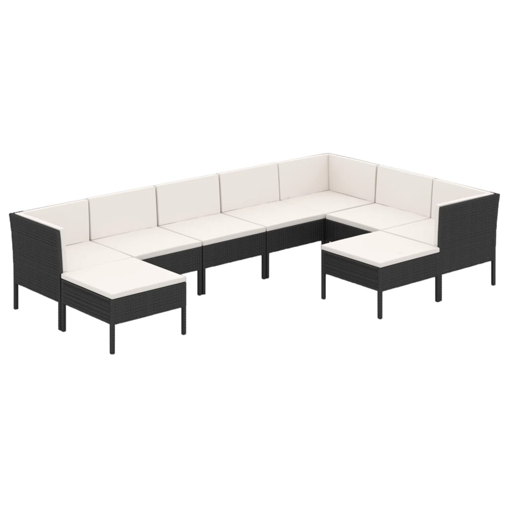 9-Delige Loungeset Met Kussens Poly Rattan Zwart 3x hoek + 4x midden + 2x voetensteun