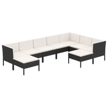 9-Delige Loungeset Met Kussens Poly Rattan Zwart 3x hoek + 4x midden + 2x voetensteun