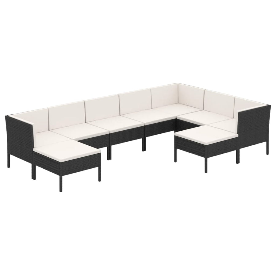 9-Delige Loungeset Met Kussens Poly Rattan Zwart 3x hoek + 4x midden + 2x voetensteun