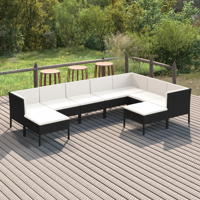 9-Delige Loungeset Met Kussens Poly Rattan Zwart 3x hoek + 4x midden + 2x voetensteun