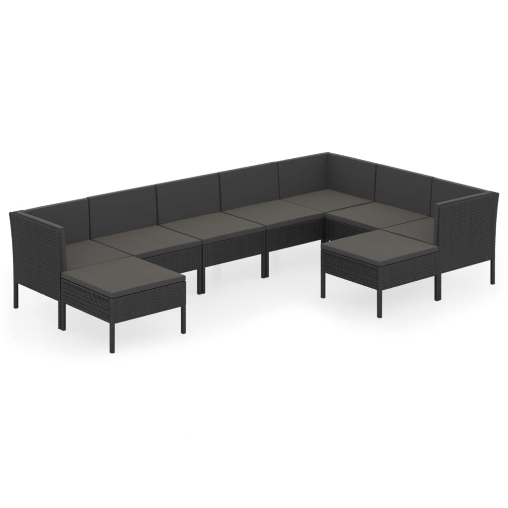 9-delige Loungeset met kussens poly rattan zwart