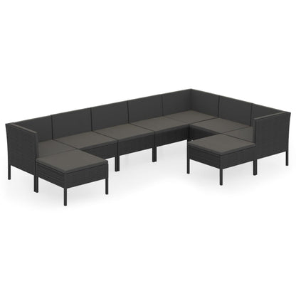 9-delige Loungeset met kussens poly rattan zwart